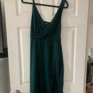Zara. Forest green midi dress with asymmetrical straps and lace detail at bottom